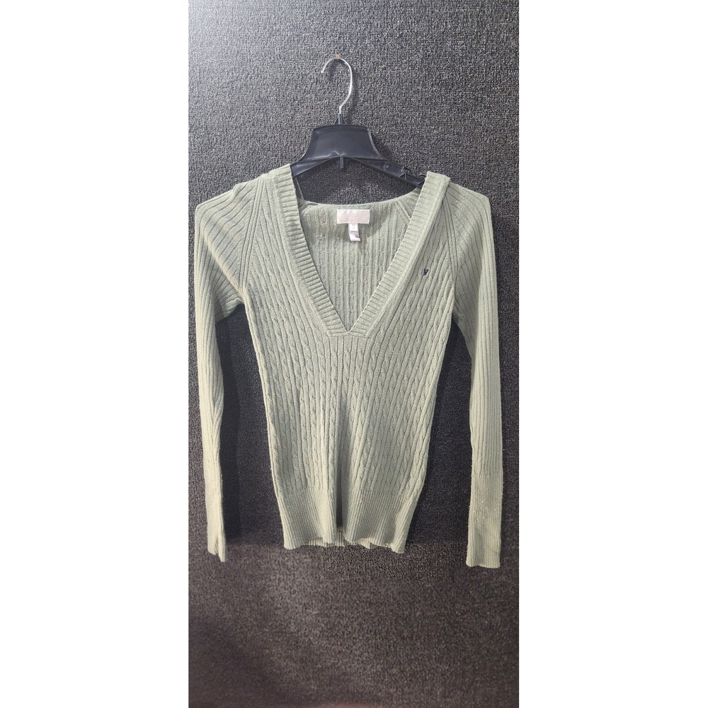 American Eagle Sage Green Cable Knit Hooded V-Neck Sweater Angora Blend Medium